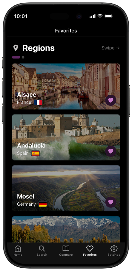 Favorites regions screen