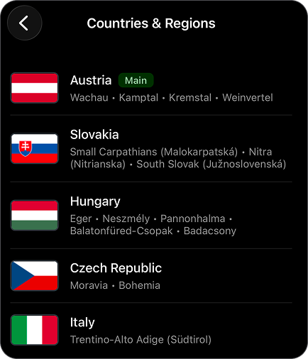 Countries and regions screen
