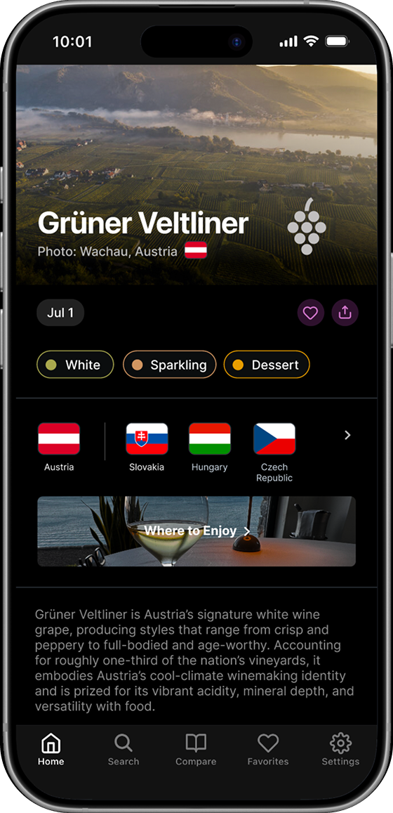 VineOClock app showing a Grüner Veltliner wine detail screen